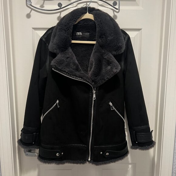 Zara Faux Suede/Sherpa Lined Biker Jacket Women in Black - Picture 4 of 5